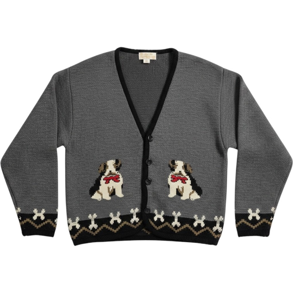 VTG Tally-Ho Cardigan Women XL Grey Dog Puppy Novelty Bone Buttons Intarsia Knit
